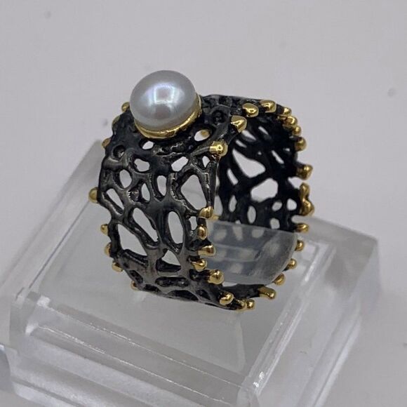 New, no tags, solid sterling 925 silver, black rhodium, 22 K gold, real pearl - Picture 4 of 14